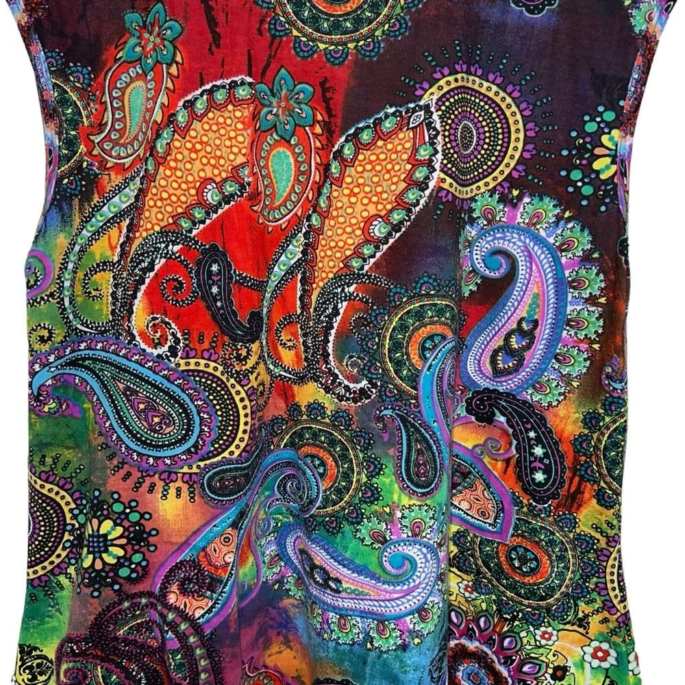 Vintage Y2K Collections Etc Colorful Sleeveless Paisley Sharkbite Boho Tunic Top - Picture 9 of 12